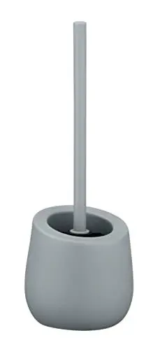 Produktbild: WENKO WC-Garnitur Mod. Badi, Badaccessoire aus hochwertiger Keramik mit Matter Oberfläche, inkl. WC-Bürste mit Ø 7,5 cm Silikon-Bürstenkopf in Schwarz mit Antihaft-Wirkung, Ø 13,5 x 38 cm, Grau