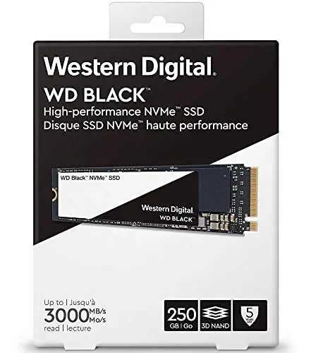Produktbild: WD Black NVMe SSD 250 GB, interne M.2 2280 Festplatte bis zu 3000 MB/s Lese- und 1600 MB/s seq. Schreibgeschwindigkeit WDS250G2X0C