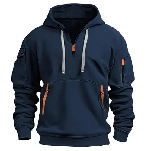 Produktbild: Herren Kapuzenpullover Longsleeve Sweatshirt Halber ReißVerschluss Pullover Langarm Training Hoodie Taktischer Pulli Hochwertige Oversized Hooded Sweatshirts Schlichtes Kapuzenpulli Marine 5XL