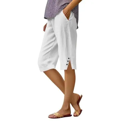 Produktbild: WDCHAOYUE Cargo Shorts Damen Sommer,Leichte Und Atmungsaktive Sommerhose, Elegante Stoffhose, Muslimische Hose, Baumwoll- Und Leinenhose,Einfarbige Freizeithose,Bequem Und Geräumig Mit Taschen