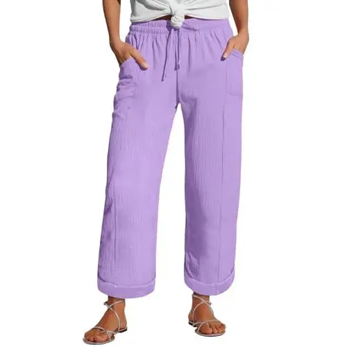 Produktbild: WDCHAOYUE Culotte Damen 7/8,Musselin Kurze Hose Damen 2025 Leinenhose 7/8 Mit Taschen Elastischem Bund Adjustierbarem Kordelzug Freizeithose Palazzo Für Frauen