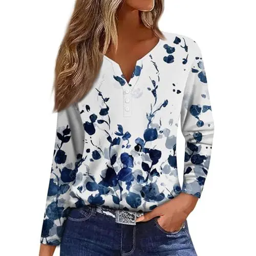 Produktbild: WDCHAOYUE Damen Bluse Elegant Festlich,T Shirts Mädchen Henley Ausschnitt Work Baumwolle Langarm Mit Blumenmuster Legerer Locke Blusentop Damene Herbst Übergröße Knopfleiste WeichJ1