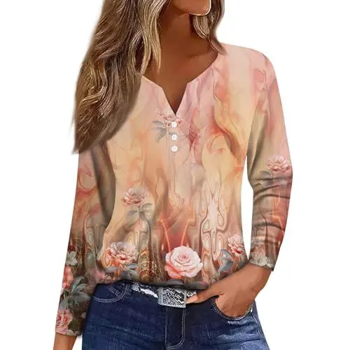 Produktbild: WDCHAOYUE Kleidung Damen,T Shirts Mädchen Henley Ausschnitt Work Baumwolle Langarm Mit Blumenmuster Legerer Locke Blusentop Damene Herbst Übergröße Knopfleiste WeichJ1