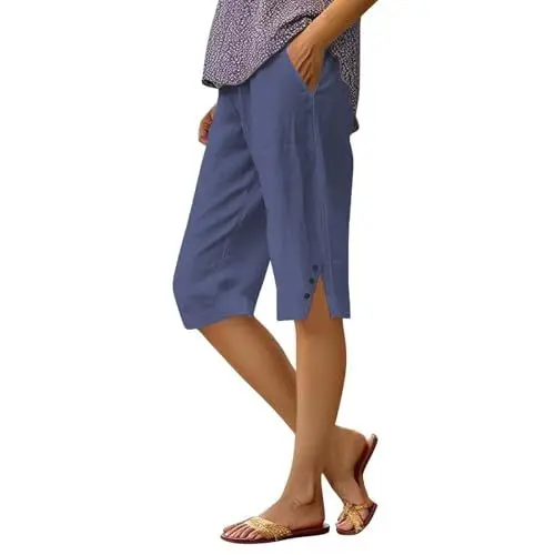 Produktbild: WDCHAOYUE Musselin Kurze Hose Damen,Leichte Und Atmungsaktive Sommerhose, Elegante Stoffhose, Muslimische Hose, Baumwoll- Und Leinenhose,Einfarbige Freizeithose,Bequem Und Geräumig Mit Taschen