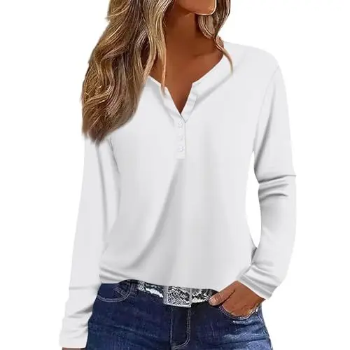 Produktbild: WDCHAOYUE Seidenbluse Damen, T Shirts Mädchen Henley Ausschnitt Work Baumwolle T Shirt Langarm Mit Blumenmuster Legerer Locke Blusentop Damene Herbst Übergröße Knopfleiste Weich