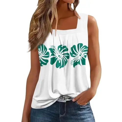 Produktbild: WDCHAOYUE Top Mädchen Fitness Sommer Vest Peplum Soft Square Neck Geblümte Klassisch Vest Damen Oversize Polyester Ärmellose Weich Grün