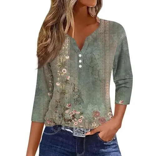 Produktbild: WDCHAOYUE Tops, T-Shirts & Blusen Für Damen,T Shirts Mädchen Henley Ausschnitt Work Baumwolle 3/4 Arm Mit Blumenmuster Legerer Locke Blusentop Damene Herbst Übergröße Knopfleiste Weich