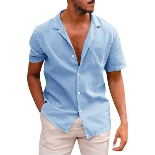 Produktbild: WDCHAOYUE Tshirts Herren Sommer Atmungsaktive Unterhemd Figurbetontes Knopfleiste Schlicht Kurzärmelige V Ausschnit Unterhemd Herren Klassische Große Größen Ski Polyester Himmelblau