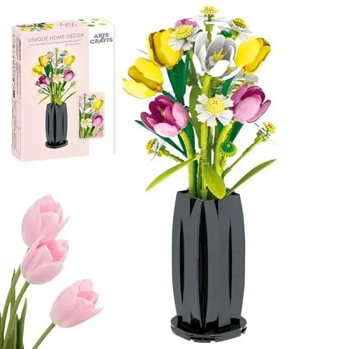 Produktbild: WDKXCN Klemmbausteine Blumen, 1250 Teilige Blumen Bausteine mit Vase, DIY Botanik Kollektion für Frauen Mädchen, für Home Dekor Innendekoration (Tulpe)