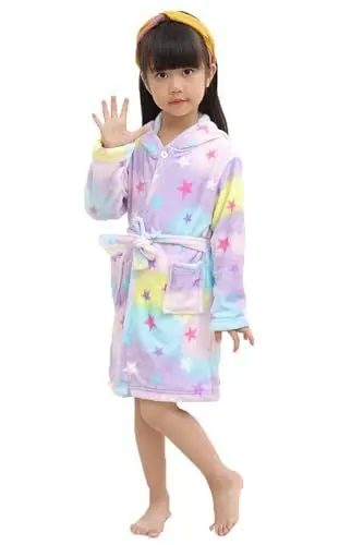 Produktbild: WDRHC Bademantel für Mädchen, Weicher Flanell Schlafanzug mit Kapuze, Warme Kinder Hausbekleidung für 3-11 Jahre