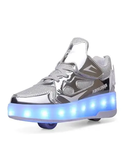 Produktbild: WDRHC Jungen Mädchen Skateboard Schuhe mit LED Blinkend Schuhe mit Rollen Skate Automatisch Einziehbar Komfort Outdoor Sportschuhe für Kinder Silbrig