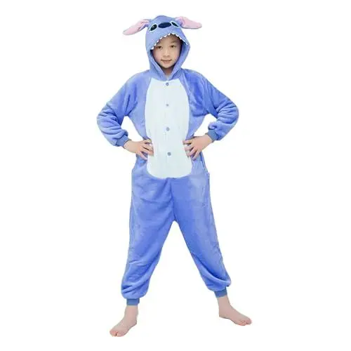 Produktbild: WDRHC Unisex Kinder Einhorn Pyjamas Onesie Karton Animal Cosplay Fasching Kostüm Warm Gefüttert Body Overall Tier Nachtwäsche Karneval Karneval Weihnachten Xmas Pyjamas Sleepwear Jungen Mädchen