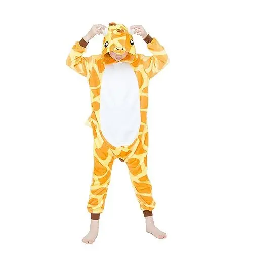 Produktbild: WDRHC Unisex Kinder Einhorn Pyjamas Onesie Karton Animal Cosplay Fasching Kostüm Warm Gefüttert Body Overall Tier Nachtwäsche Karneval Weihnachten Xmas Pyjamas Sleepwear Jungen Mädche Giraffe