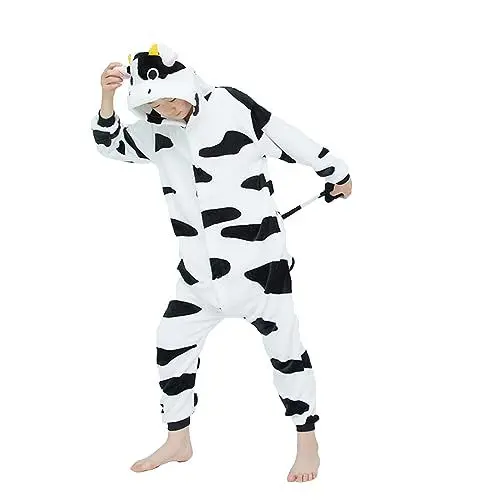 Produktbild: WDRHC Unisex Kinder Einhorn Pyjamas Onesie Karton Animal Cosplay Fasching Kostüm Warm Gefüttert Body Overall Tier Nachtwäsche Karneval Weihnachten Xmas Pyjamas Sleepwear Jungen Mädche Kuh