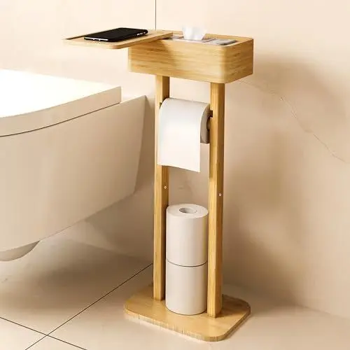 Produktbild: Wealone 4-in-1 Freistehender Toilettenpapierhalter mit Oberem Ablagefach, Bambus Klopapierhalter Stehend, Toilettenpapierhalter mit Feuchttücherbox, Vorübergehende Desktop für Badezimmer(Patentschutz)