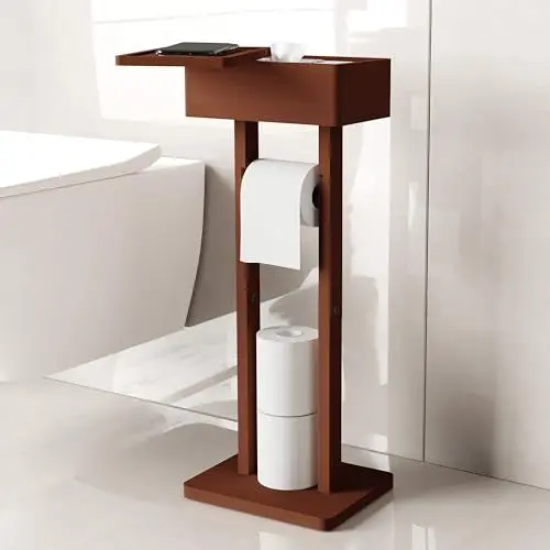 Produktbild: Wealone 4-in-1 Rotbraun Freistehender Toilettenpapierhalter mit Oberem Ablagefach, Bambus Klopapierhalter Stehend, Toilettenpapierhalter mit Feuchttücherbox, Vorübergehende Desktop für Badezimmer