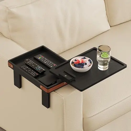 Produktbild: Wealone Sofatablett Armlehne, Sofalehne Ablage Schwarz mit Aufbewahrungsbox, 360° Drehbarem Tischplatte und Handyhalter, Verstellbarer Clip On Sofa Tablett für Breites Couch, Couch Ablage für Essen