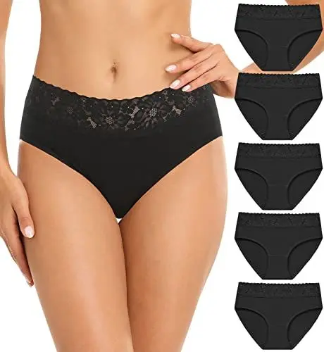 Produktbild: Wealurre Unterhosen Damen Spitze Slip Baumwolle Hipster Damen Höschen Unterwäsche Frauen im 5er Pack (6004 Black,M)