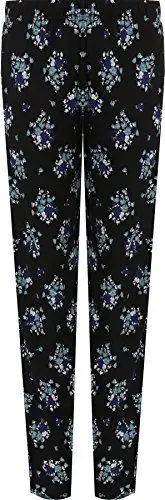 Produktbild: WearAll Damen Blumen Voll Länge Hose Damen Druck Elastische Taille Hose - Schwarz Blau - 42