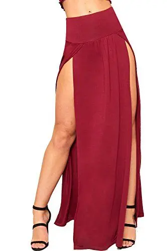 Produktbild: WearAll Damen Double Split Maxi Lange Rock Damen Nur Zwei Grundlegende Seite Schlitz - Wein - 36-38