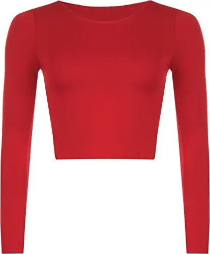 Produktbild: WearAll - Neu Damen Cropped Langarm T Shirt Kurz Schmucklos Rundhalsausschnitt Top - Rot - 36/38