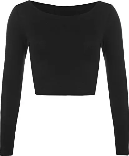 Produktbild: WearAll - Neu Damen Cropped Langarm T Shirt Kurz Schmucklos Rundhalsausschnitt Top - Schwarz - 36/38
