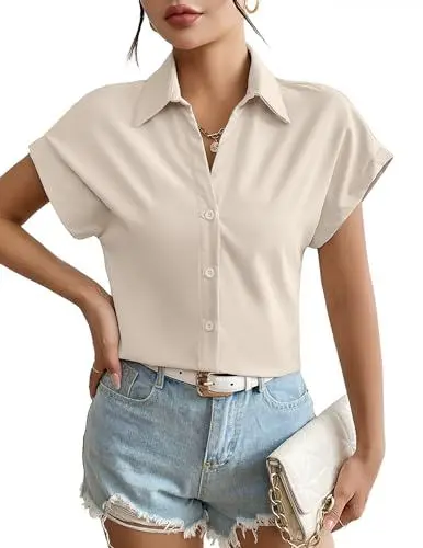 Produktbild: Weardear Bluse Damen Kurzarm Knöpfen Hemden Basic Kent Kragen Arbeit Büro Stretch Slim Fit Formelle Casual Blusen Khaki L