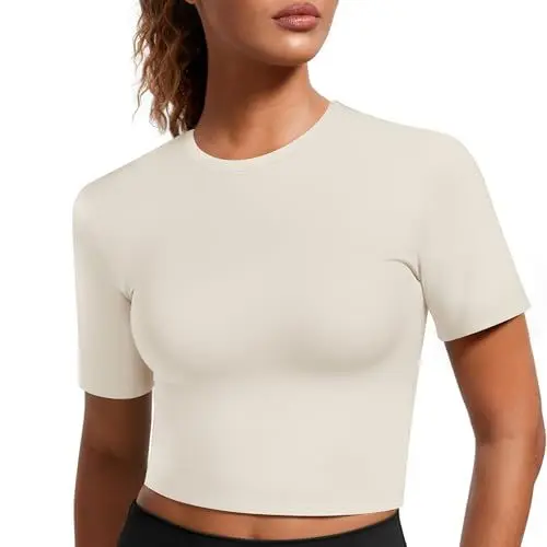 Produktbild: Weardear Damen Sportshirt Schnelltrocknend Crop Top Sommer Sport T-Shirt Leicht Laufshirt Workout Kurzarmshirt Atmungsaktiv Eng Shirt für Fitness Beige S