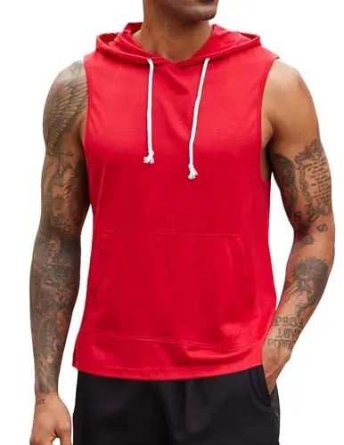 Produktbild: Weardear Tank Top Herren Sommer Muskelshirt Ärmelloser Sport Top Kapuzenpullover Schnelltrocknendes Gym Sport Laufshirt Hoodie Rot M