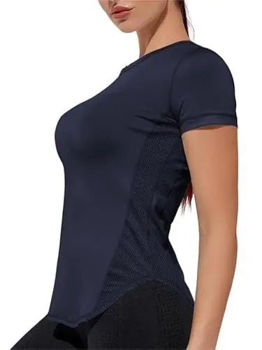Produktbild: Weardear Sport T-Shirt Damen Rundhalsausschnitt Workout Tops Kurzarm Atmungsaktive Mesh Seiten Laufen Yoga Top S-XXL