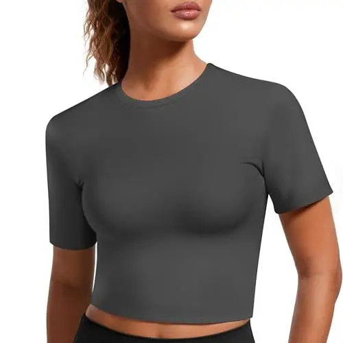 Produktbild: Weardear Sportshirt Damen Kurzarmshirt Rundhals Laufshirt Slim Fit Funktionsshirt Sommer Yoga Shirt Fitness Crop Top Atmungsaktiv Gym Oberteil Dunkelgrau M