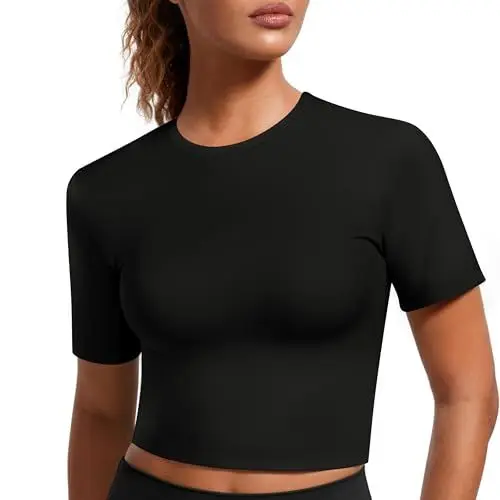 Produktbild: Weardear Sportshirt Damen Laufshirt Atmungsaktiv Gym Oberteile Fitness Tops Rundhals Crop Top Slim Fit Kurz T-Shirt Sommer Elastisch Kurzarmshirt Schwarz L