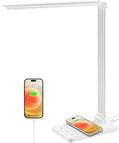 Produktbild: weareok Schreibtischlampe LED Dimmable,Tischlampe Augenschutz,Desk Lamp 5 Farb und 6 Helligkeitsstufen,10W QI KabellosemLadegerät und USB-Anschluss Table Lamp mit Netzstecker Touch Weiß