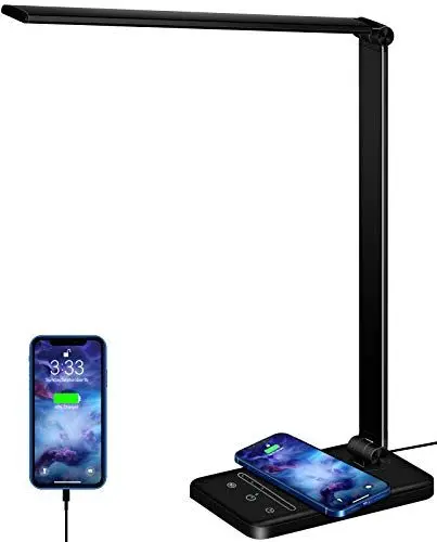 Produktbild: weareok Schreibtischlampe LED Dimmable,Tischlampe Augenschutz,Desk Lamp 5 Farb und 6 Helligkeitsstufen,10W QI KabellosemLadegerät und USB-Anschluss Table Lamp mit Stecker Touch für Büro Schwarz