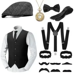 Produktbild: WEARXI 20er Jahre Herren Accessoires, Mafia Karneval Kostüm Herren, Peaky Blinders Kostüm, 20er Jahre Accessoires, Fasching Kostüme Herren Hosenträger Herren Kostüm Set Deko (Schwarz-2, M)