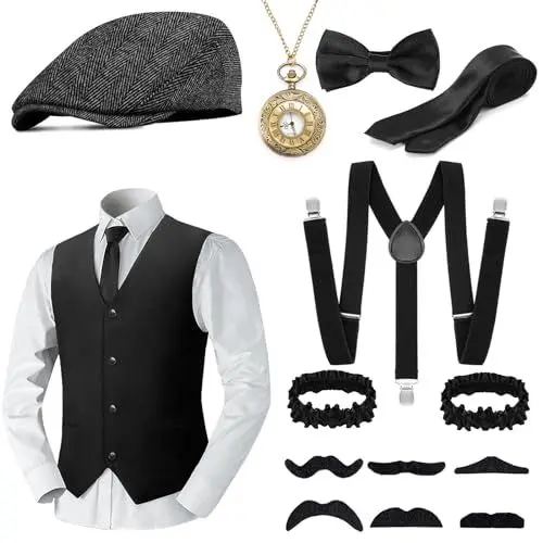 Produktbild: WEARXI 20er Jahre Herren Accessoires, Mafia Karneval Kostüm Herren, Peaky Blinders Kostüm, 20er Jahre Accessoires, Fasching Kostüme Herren Hosenträger Herren Kostüm Set Deko (Schwarz-2, L)