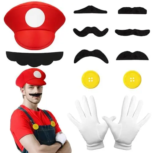 Produktbild: WEARXI Mario Kostüm Accessories, Mario Kostüm Kinder, Halloween Kostüm Kinder Herren, Karneval Kostüm Herren, Faschingskostüme Männer, Fasching Kostüme Herren Kostüm Set Deko