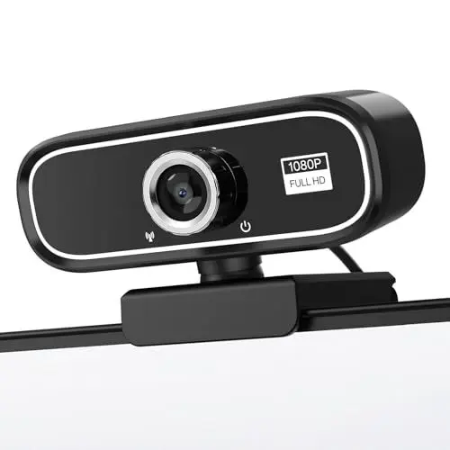 Produktbild: Webcam Full HD, 1080P Webcam mit Mikrofon, 110° Streaming Kamera mit Automatische Lichtkorrektur, USB Kamera Plug & Play, Rauschunterdrückung, Für Skype, FaceTime, PC, Konferenzen