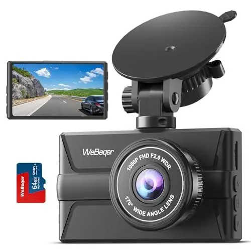Produktbild: WeBeqer Dashcam Auto Vorne,1080P FHD Autokamera,mit 64G SD Karte,176° Weitwinkel Dash Cam,IR Nachtsicht Auto Kamera,WDR,3