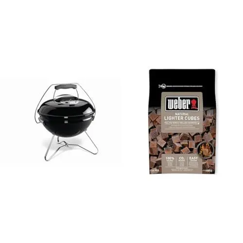 Produktbild: Weber 1121004 Smokey Joe Premium, Holzkohlegrill, 37 cm, schwarz, für unterwegs, tragbar & 17612 Anzündwürfel braun, ohne Zusatzstoffe, 48 Stück