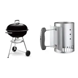 Produktbild: Weber 1321004 Holzkohlegrill Compact Kettle, Durchmesser 57 cm, Schwarz, Kugelgrill & 7447 Kleiner Anzündkamin Rapidfire