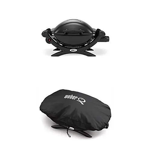 Produktbild: Weber 50010079 Gasgrill Q1000, schwarz, Campinggrill, Grillen auf kleinen Balkonen + Weber 7117 Premium Grillabdeckung für Q100/1000 Serie, schwarz