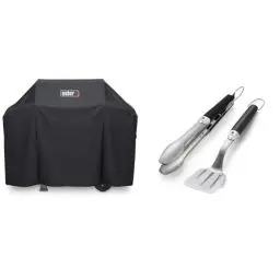 Produktbild: Weber 7183 Premium Hülle für Spirit/Spirit II 300 Serie und Spirit 200 Serie, schwarz & 6645 Grillbesteck Kompakt 2-teilig, Zange und Wender, Edelstahl, schwarz