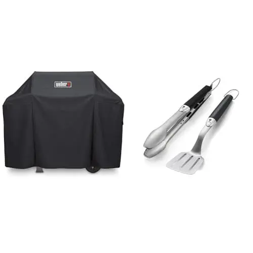 Produktbild: Weber 7183 Premium Hülle für Spirit/Spirit II 300 Serie und Spirit 200 Serie, schwarz & 6645 Grillbesteck Kompakt 2-teilig, Zange und Wender, Edelstahl, schwarz
