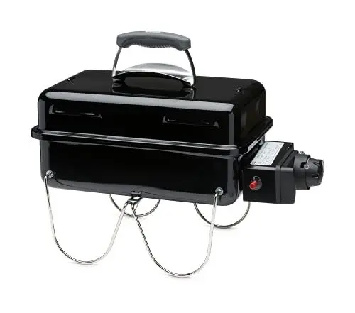 Produktbild: Weber Go-Anywhere Gasgrill, 42 x 26cm Grillfläche, leichter tragbarer BBQ Grill, Tisch-Campinggrill mitporzellanemaillierter Schale & Deckel, umklappbare Standfüße - Schwarz (1141079)