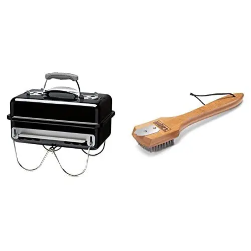 Produktbild: Weber Go Anywhere tragbarer Holzkohlegrill, 42 x 26 cm, Schwarz (1131004) & 6463 Grillbürste mit Bambusholzgriff, 30 cm, Grillreinigung, Holzkohlegrill, Schwarz