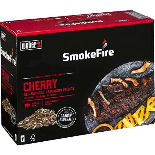 Produktbild: Weber Holzpellets - Kirschholz (8kg), perfekt zum Räuchern von Schwein, 100% natürliche Holzpellets, EU-Produkt, nachhaltig gewonnen, FSC zertifiziertes Holz (18293)