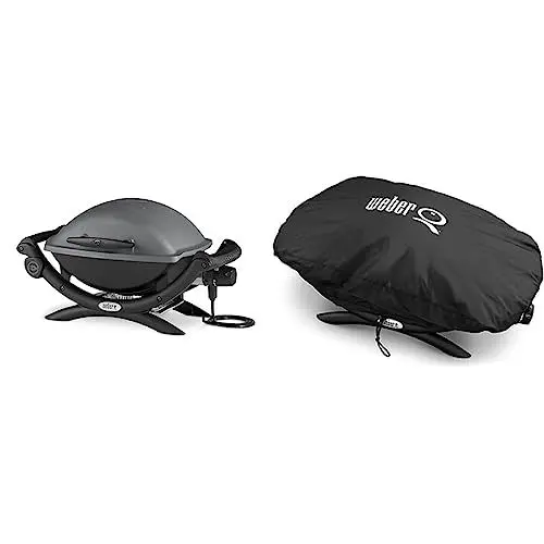 Produktbild: Weber Q1400 Elektrogrill, 43 x 32 cm, Dunkelgrau (52020079) & 7117 Premium Grillabdeckung für Q100/1000 Serie, schwarz, 27.9x25.4x23.6 cm