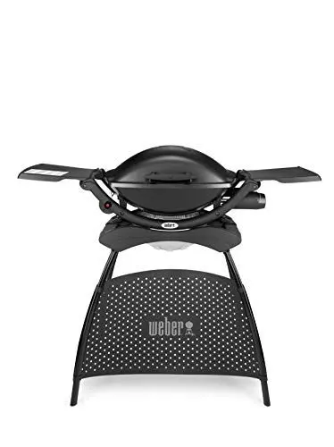 Produktbild: Weber Q2000 Gasgrill mit Stand + Seitentischen, 54 x 39cm Grillfäche, portable, 1 Brenner, 2-geteilter porzellanemaillierter Guss-Grillrost, Aluminiumguss Deckel & Gehäuse - Schwarz (53010379)