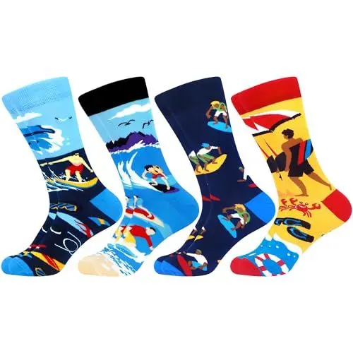 Produktbild: WeciBor Herren Lustige Bunte Socken mit Motiv, 4 Paar Mehrfarbig Surfer, Größe 43-46